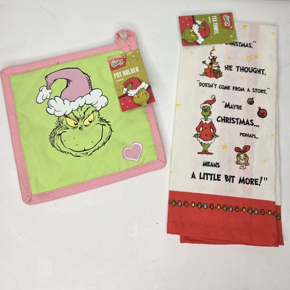 Dr. Seuss Grinch Pot Holder and Tea Towel Set Christmas Green and Pink